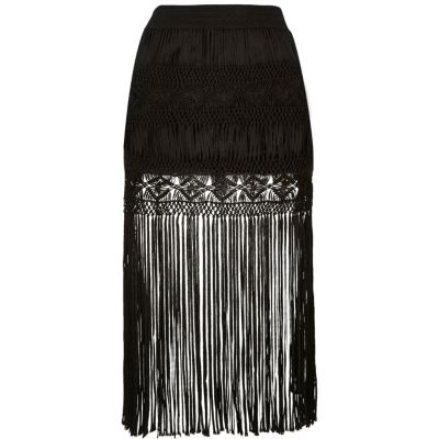 Black fringe midi skirt